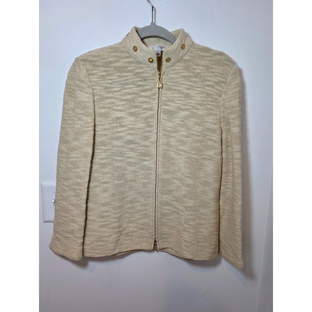 ST JOHN SPORT Cream Gold Santana Knit Zip Cardigan Sweater Jacket S Mock Neck